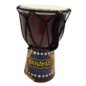 Decorative miniature djembe drum featuring a hand-painted "Bahamas" with details